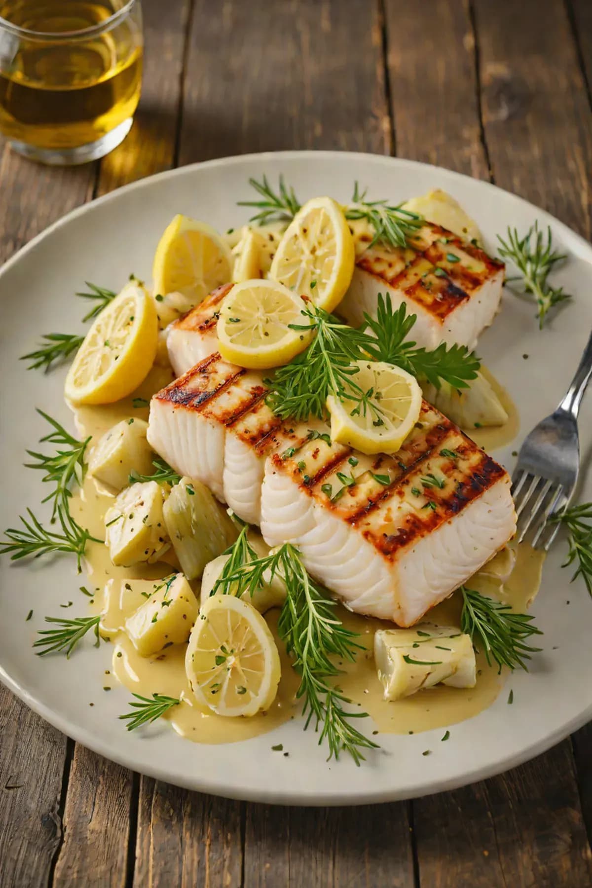 Grilled Halibut with Artichoke and Lemon Beurre Blanc