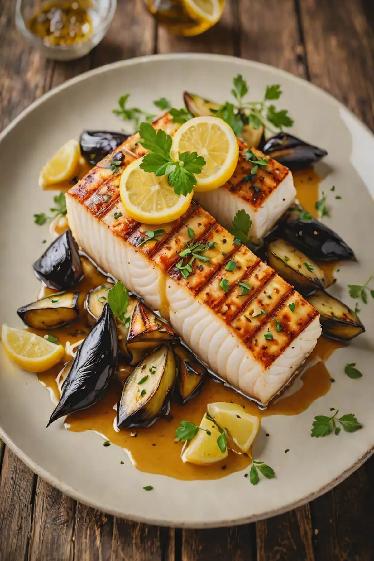 Grilled Halibut with Aubergine