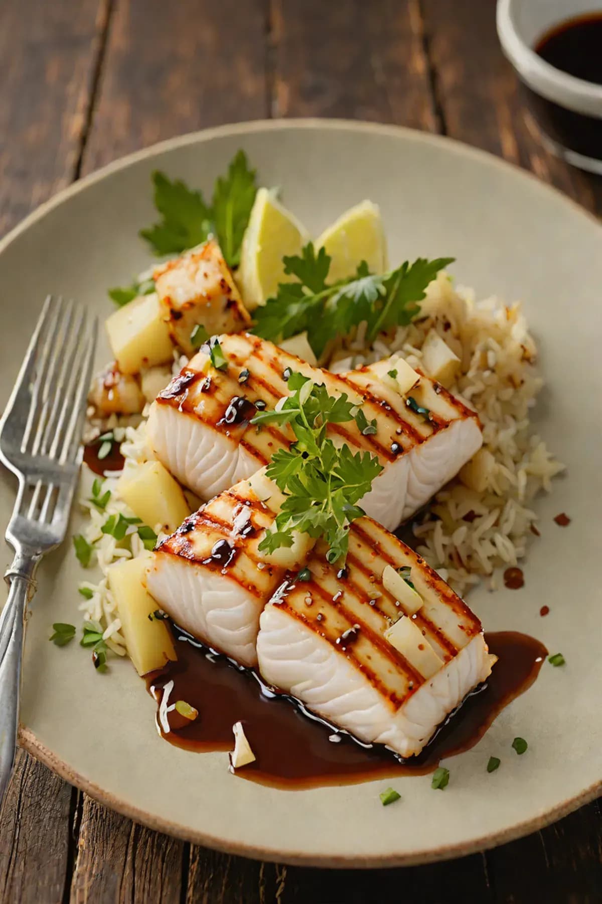 Grilled Halibut with Bamboo Shoot and Ginger-Soy Glaze