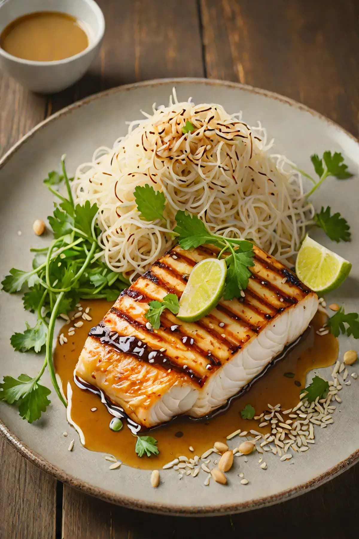 Grilled Halibut with Bean Sprout and Miso Glaze