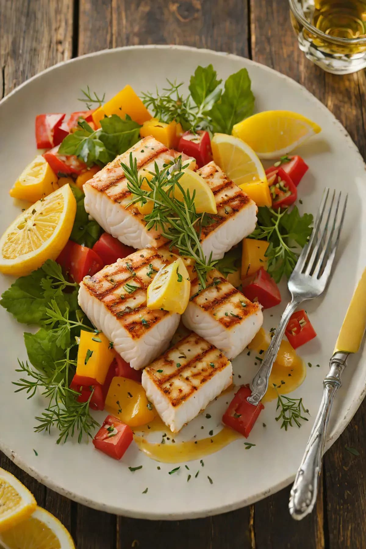 Grilled Halibut with Bell Pepper and Lemon Herb Butter