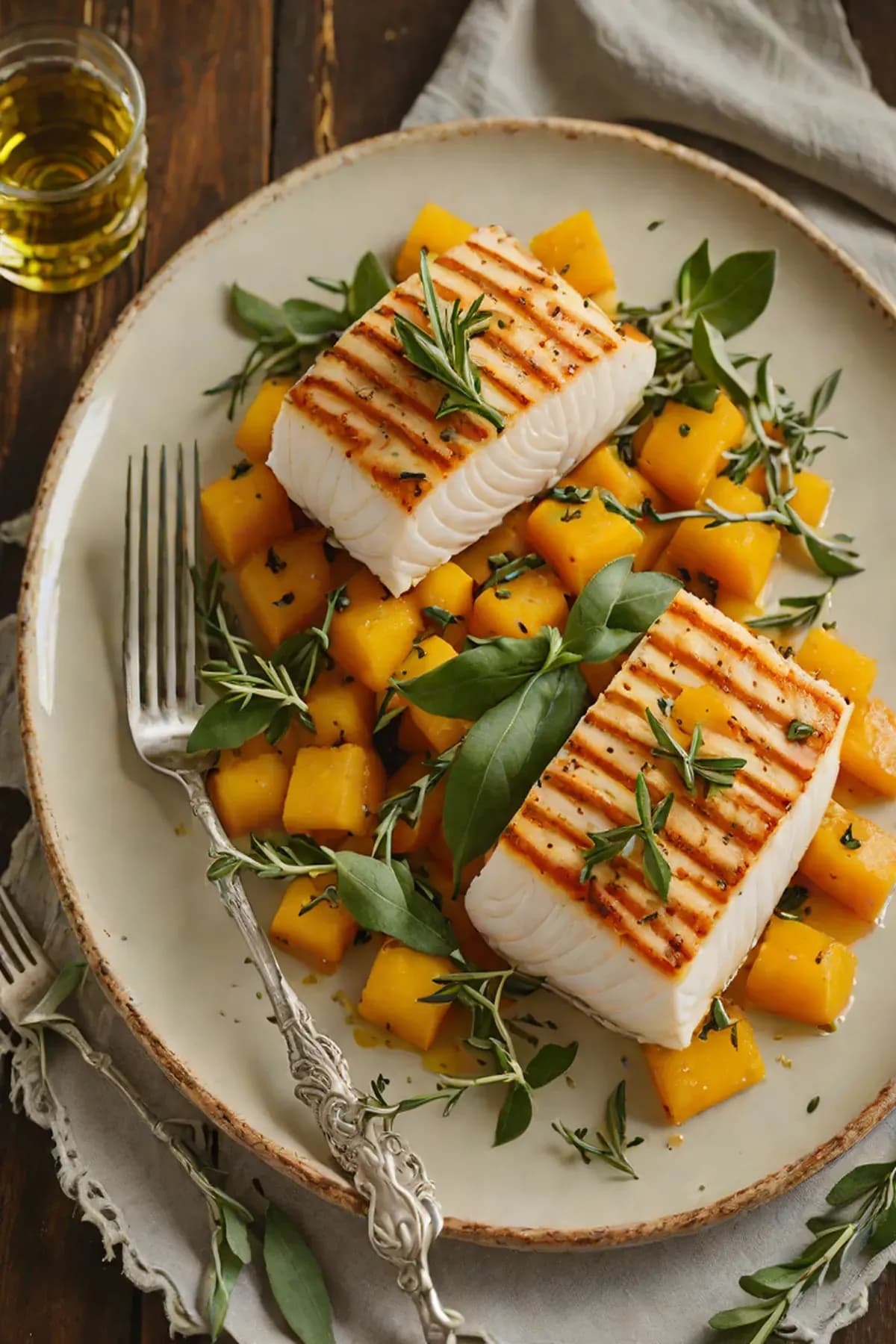 Grilled Halibut with Butternut Squash and Sage Brown Butter