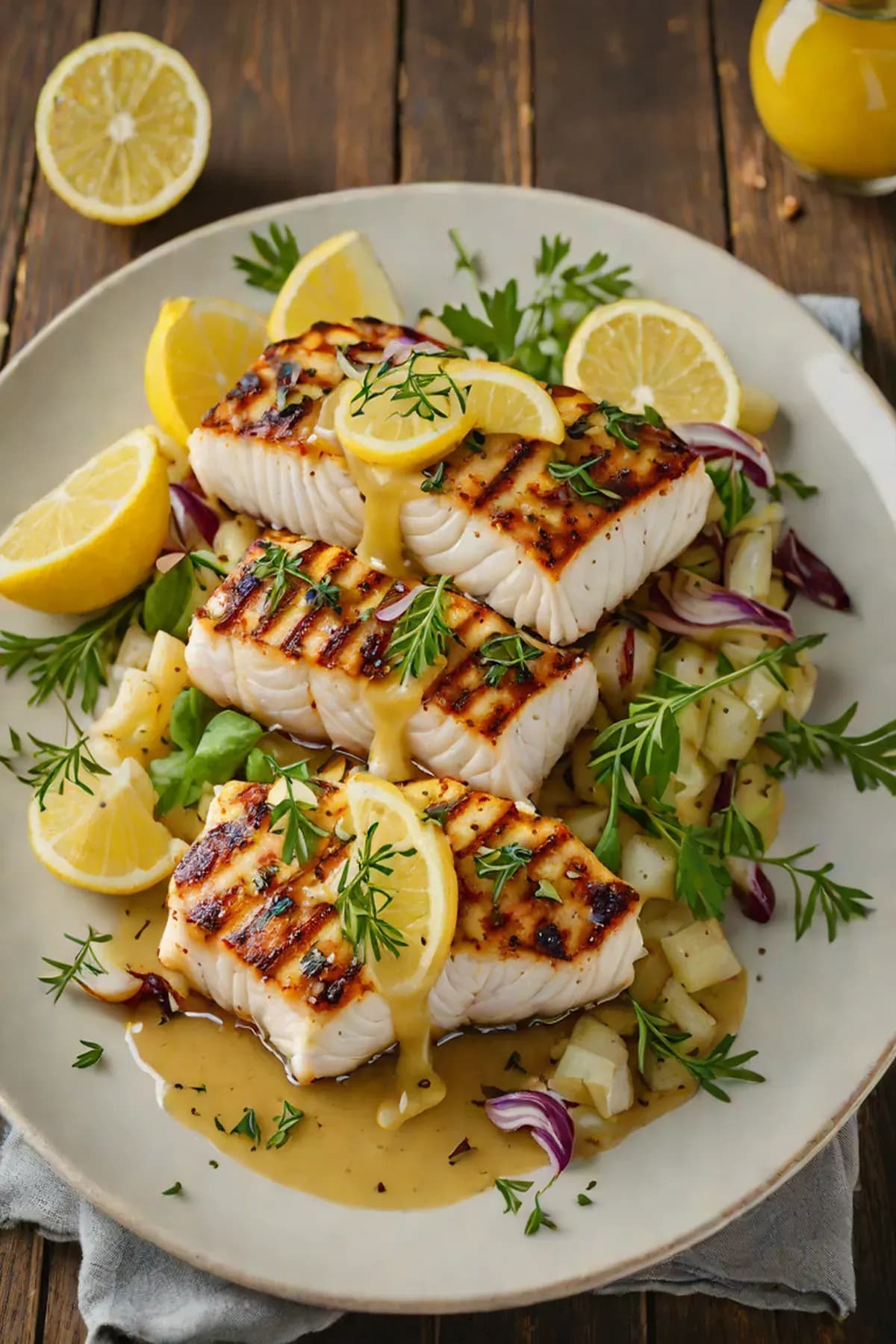 Grilled Halibut with Caramelized Onion and Lemon Butter