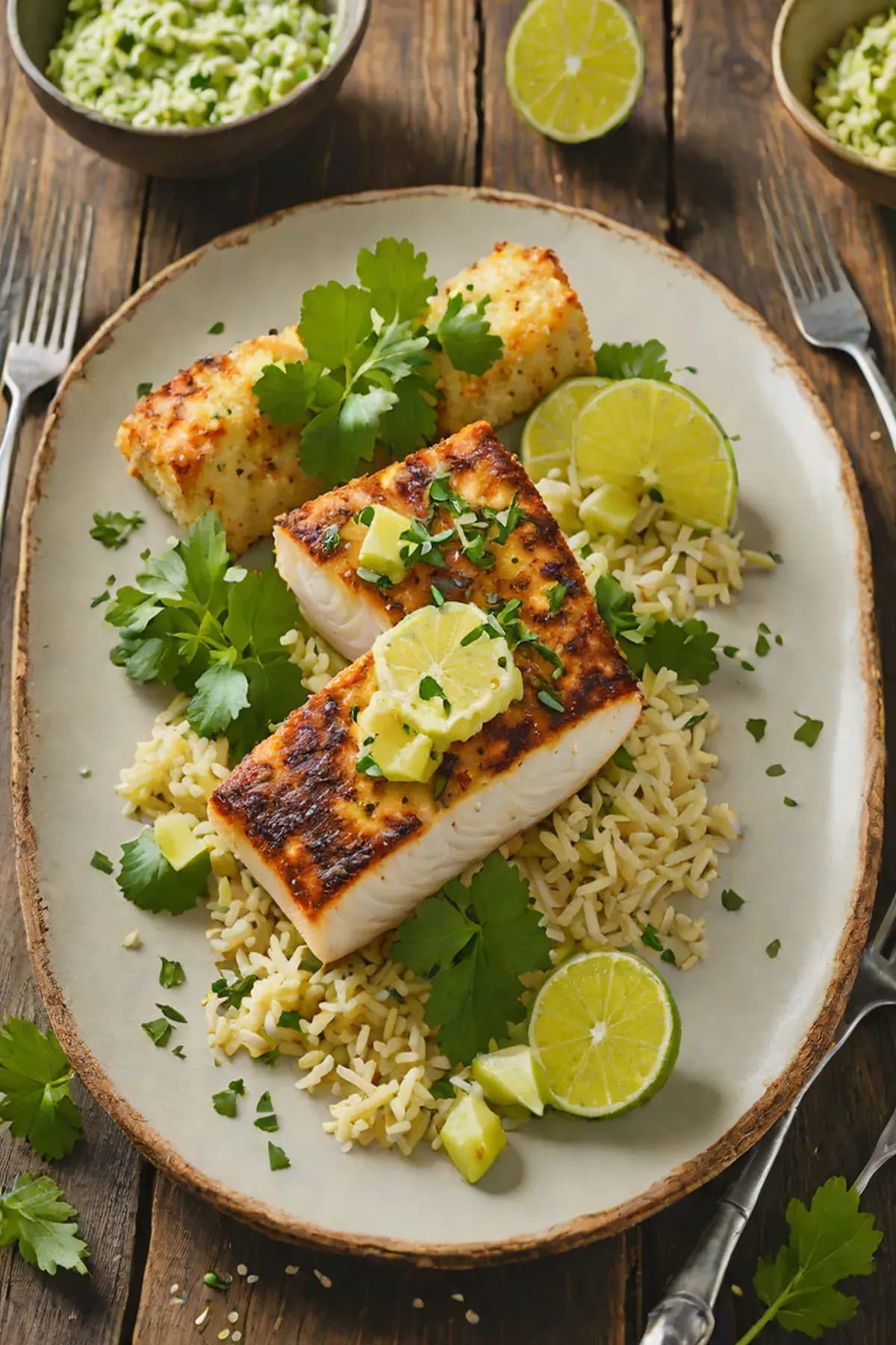 Grilled Halibut with Cassava Crust and Lime-Cilantro Butter