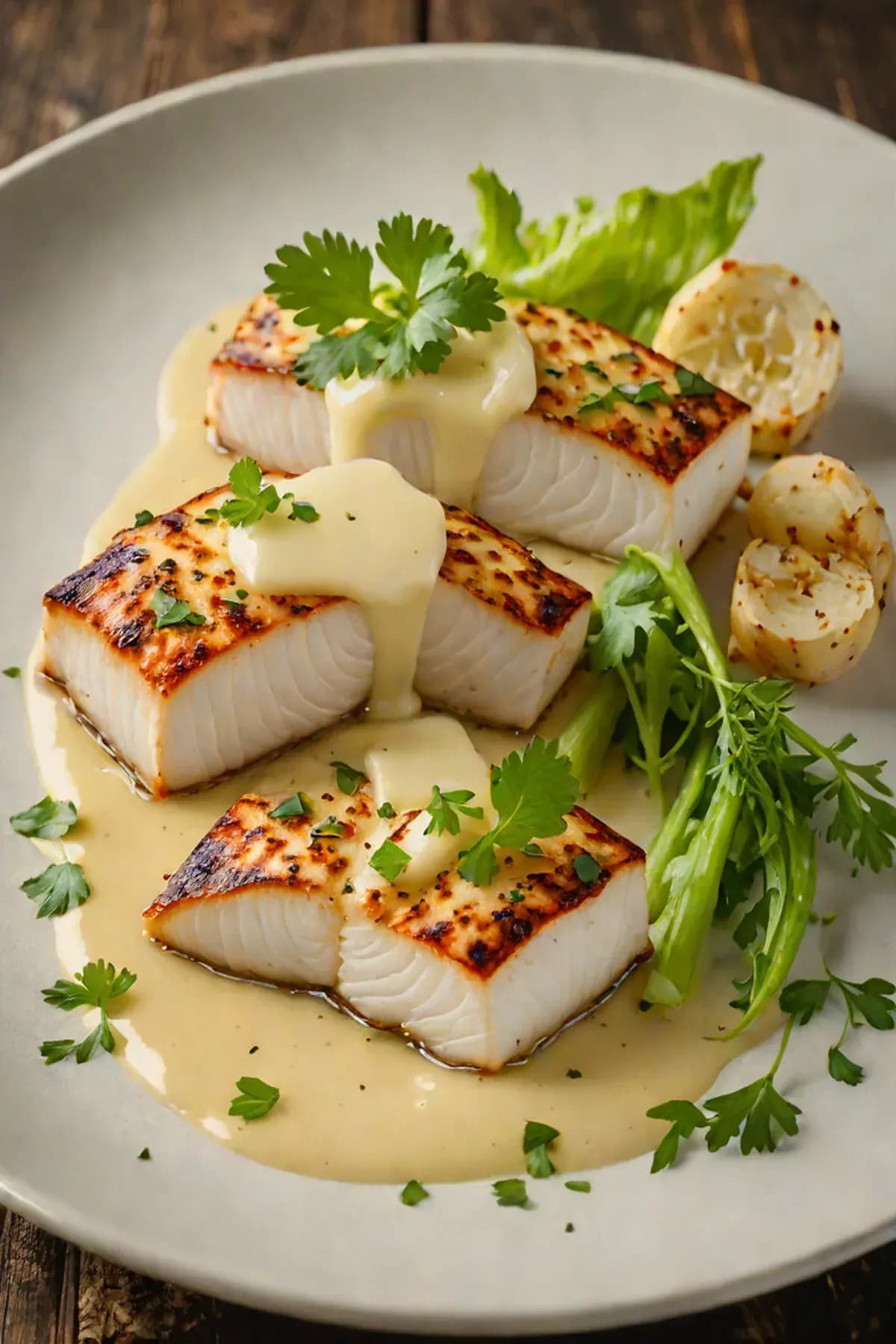 Grilled Halibut with Celery Root Purée and Crispy Celery