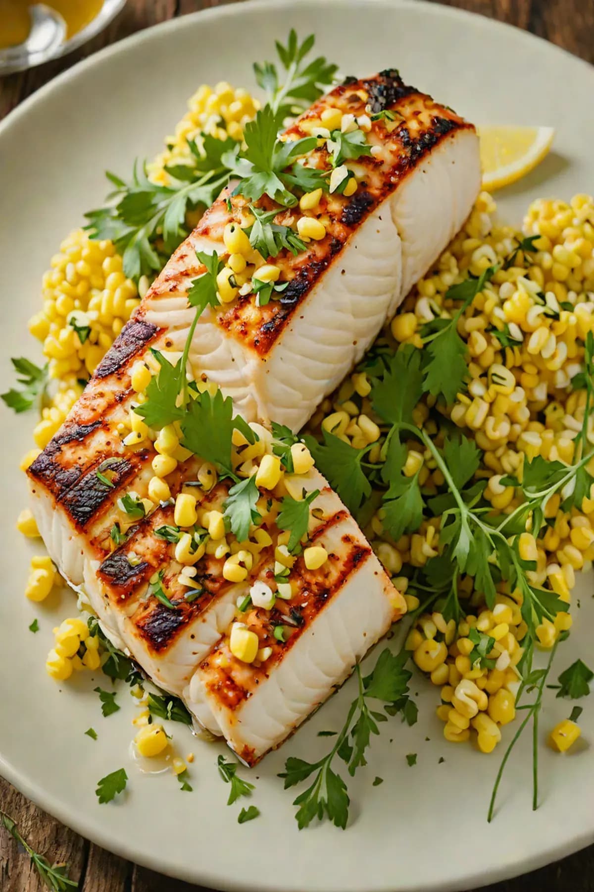Grilled Halibut with Charred Corn and Herb Butter