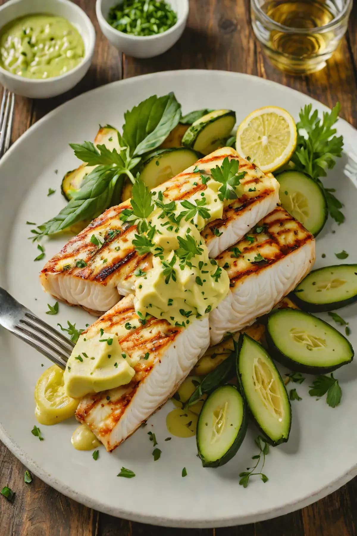 Grilled Halibut with Courgette and Lemon Herb Butter