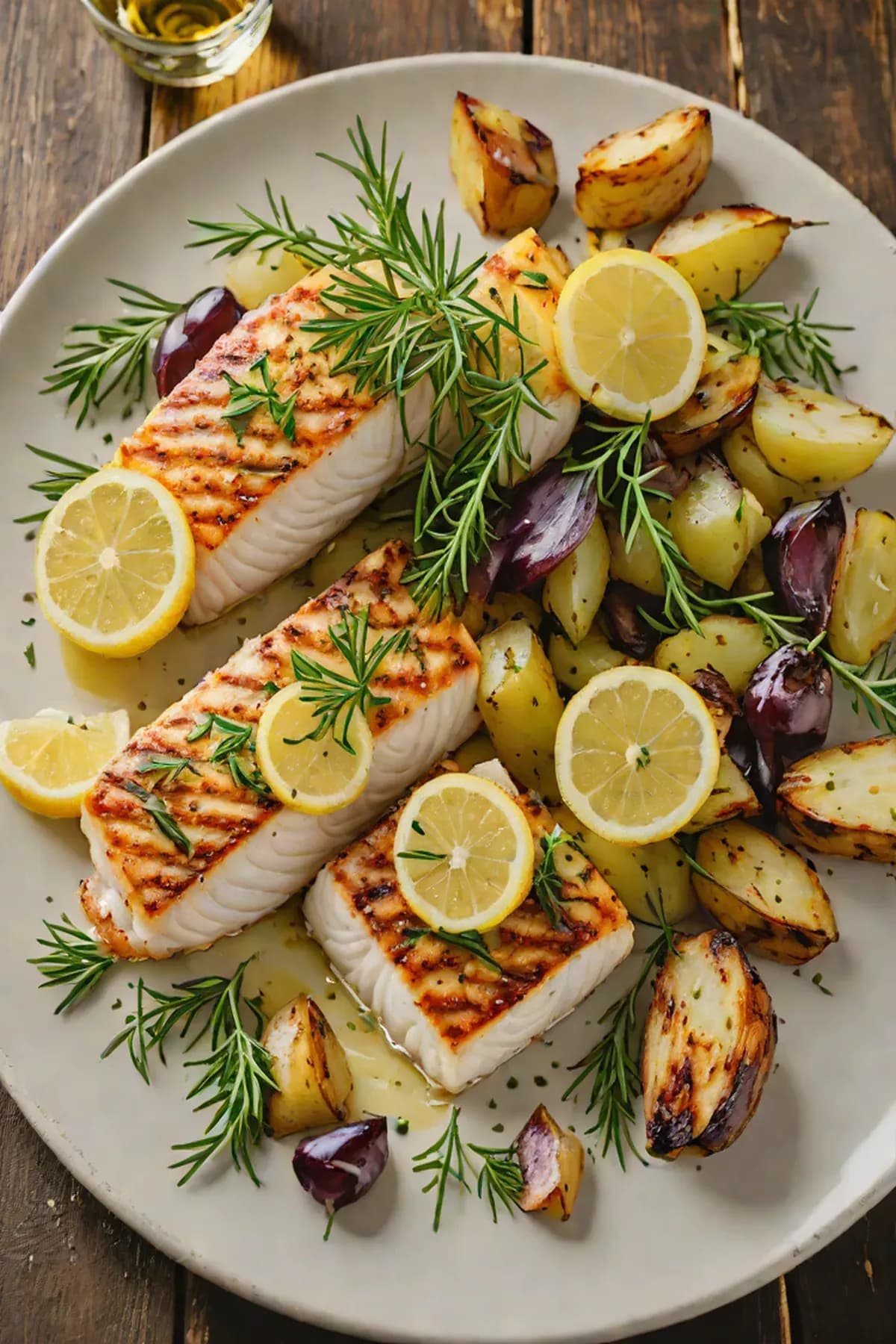 Grilled Halibut with Crispy Herb Potatoes and Lemon Butter