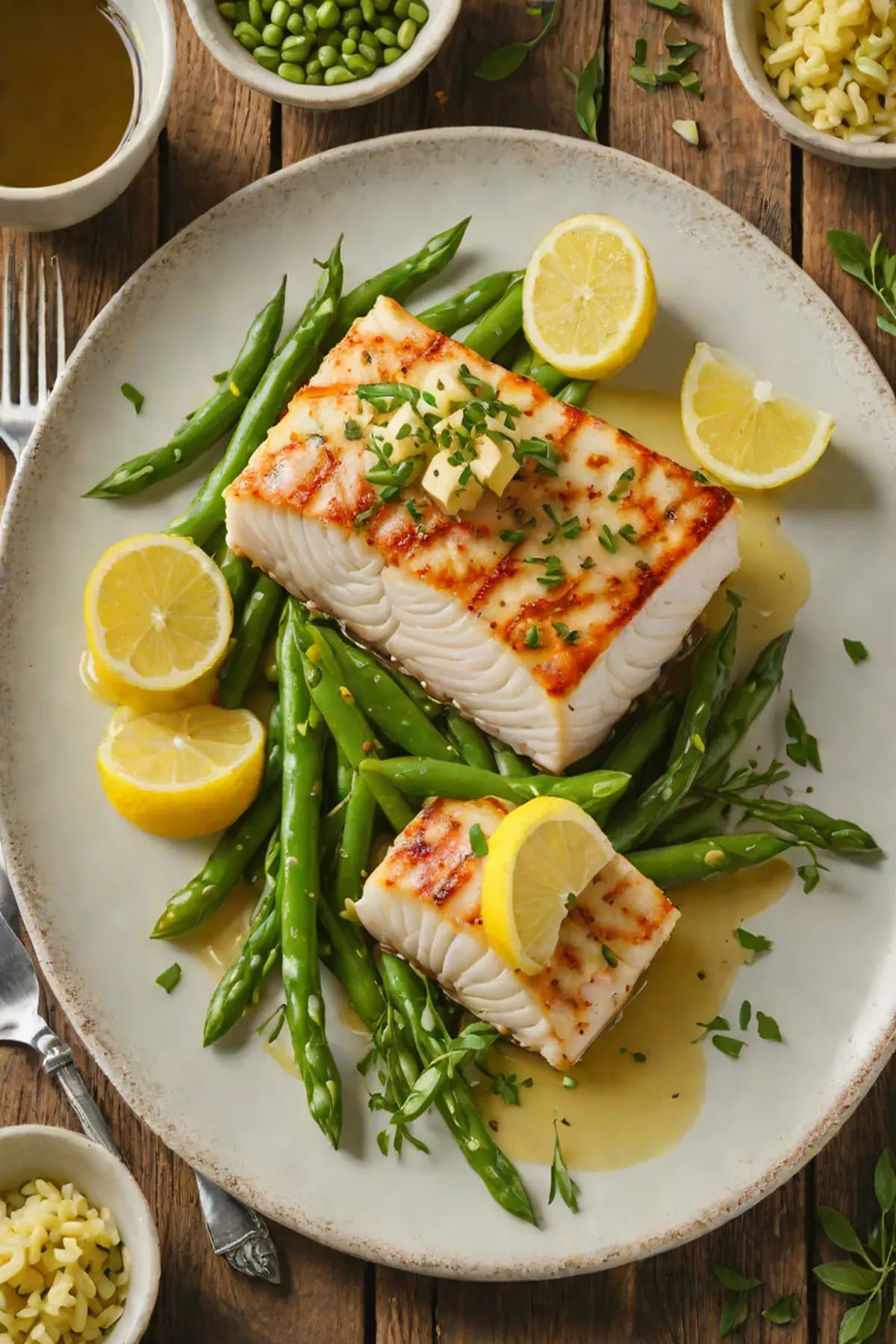 Grilled Halibut with Green Bean and Lemon Butter Sauce