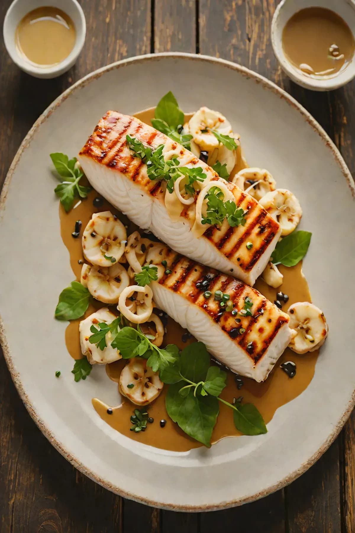 Grilled Halibut with Lotus Root and Miso-Butter Glaze