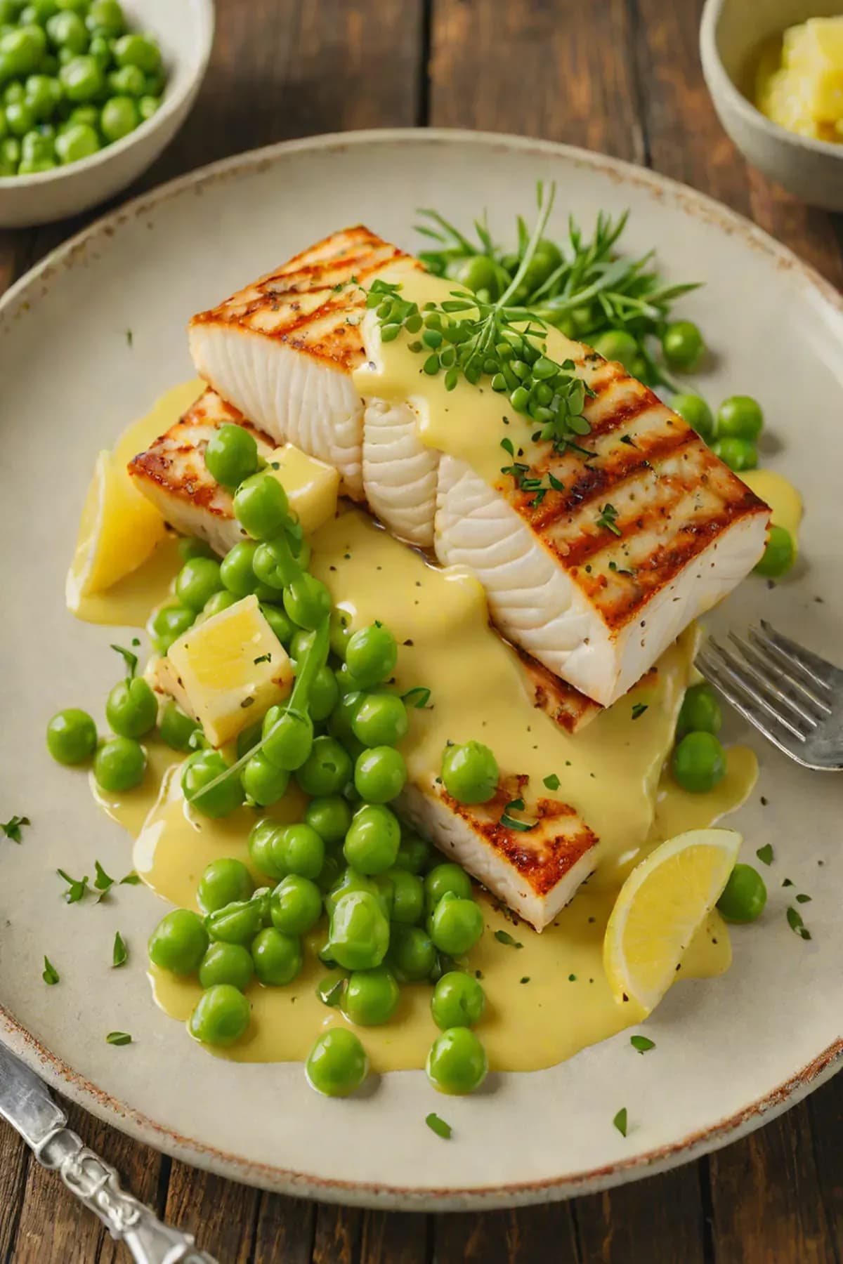 Grilled Halibut with Pea and Lemon Butter Sauce