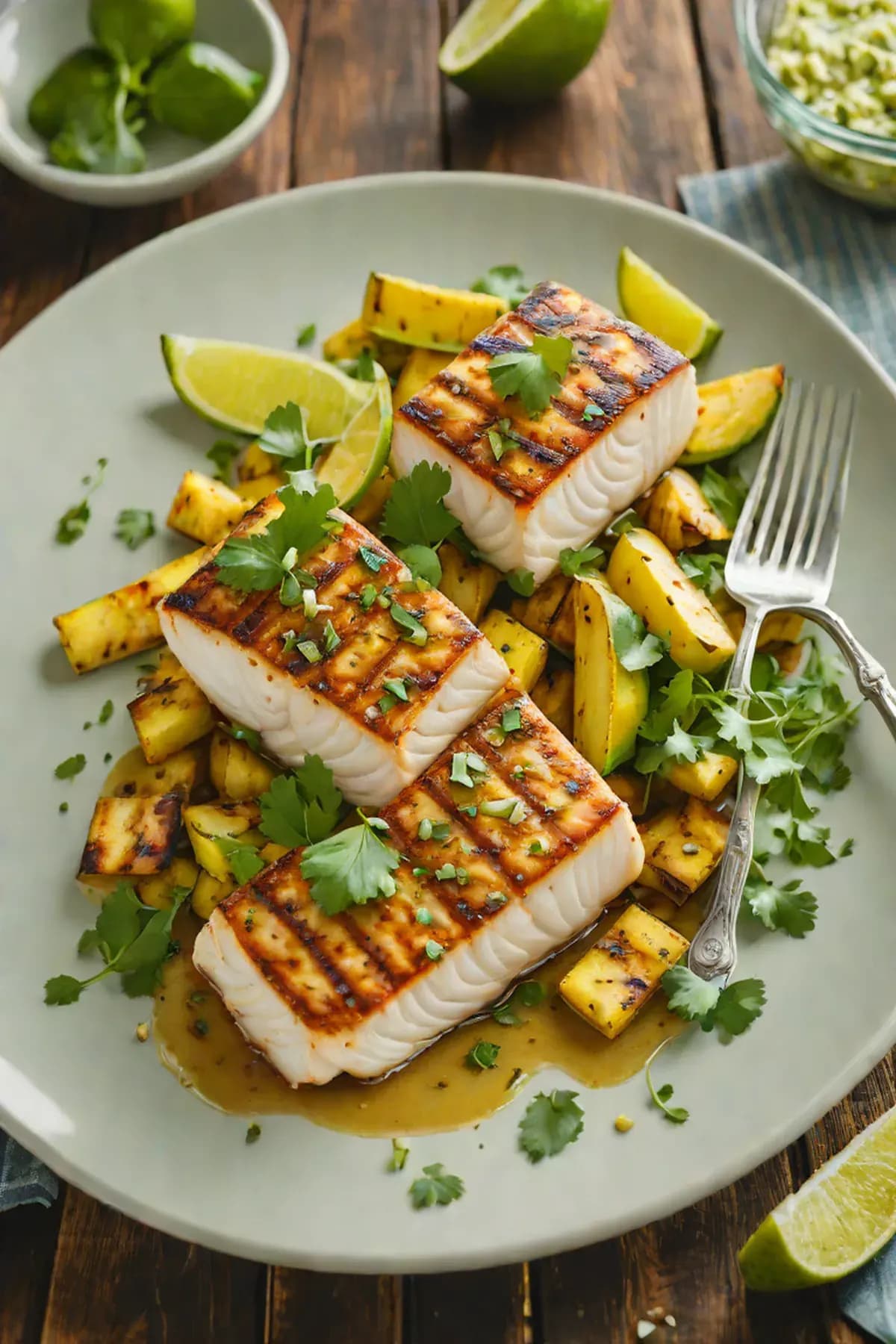 Grilled Halibut with Plantain and Cilantro-Lime Butter