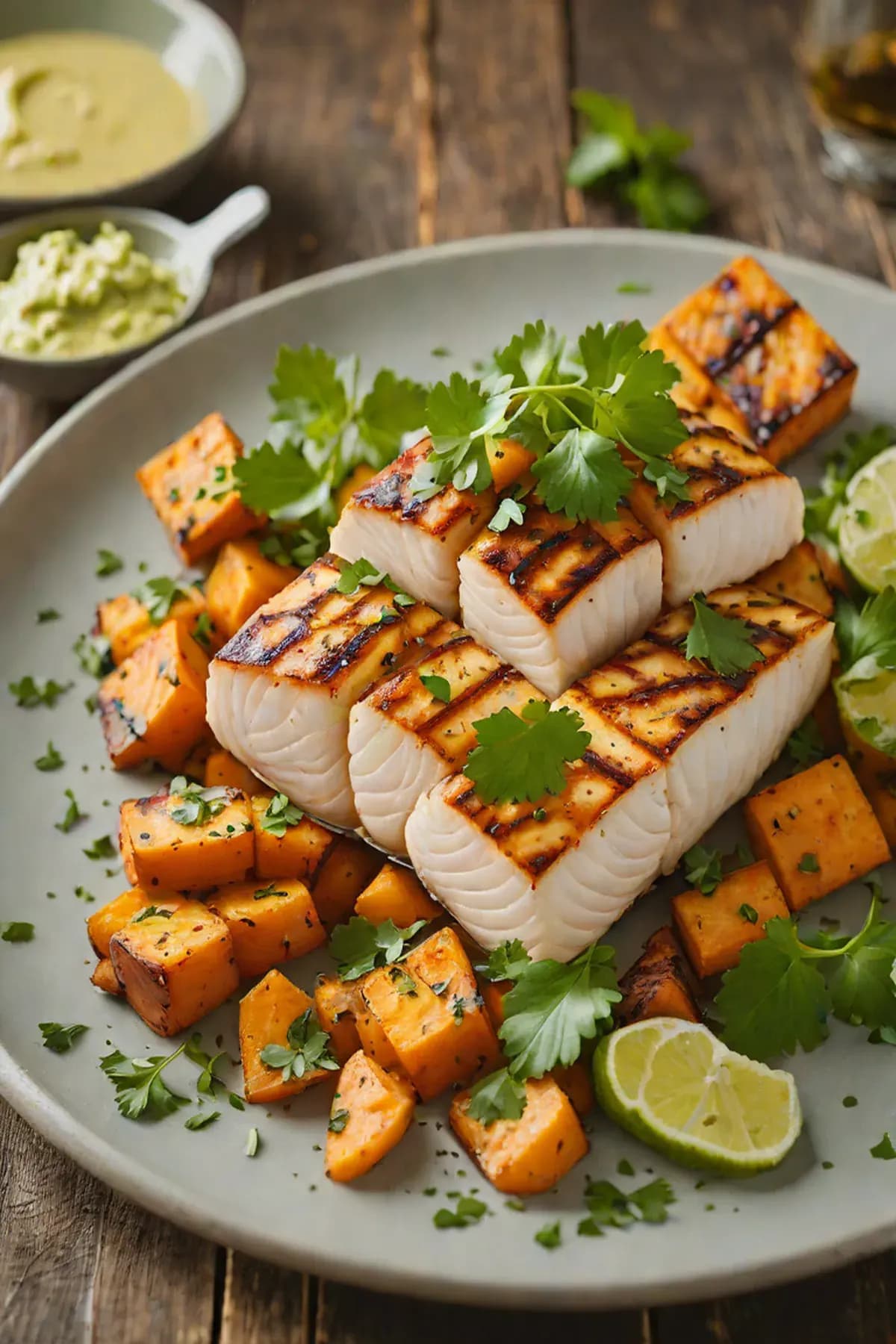 Grilled Halibut with Sweet Potato and Cilantro-Lime Butter
