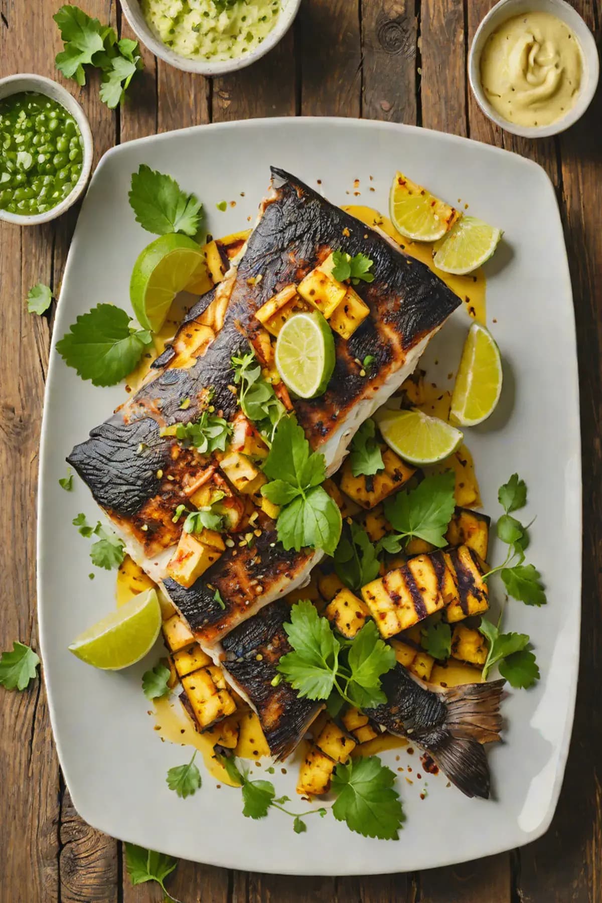 Grilled Sea Bass with Plantain and Charred Lime Butter