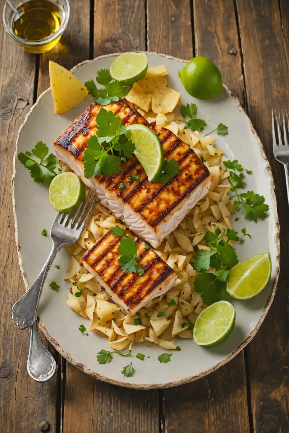 Grilled Swordfish with Cassava Chips and Lime-Cilantro Butter