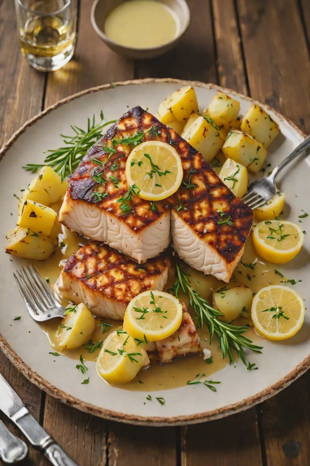 Grilled Swordfish with Crispy Potato Cake and Lemon Butter