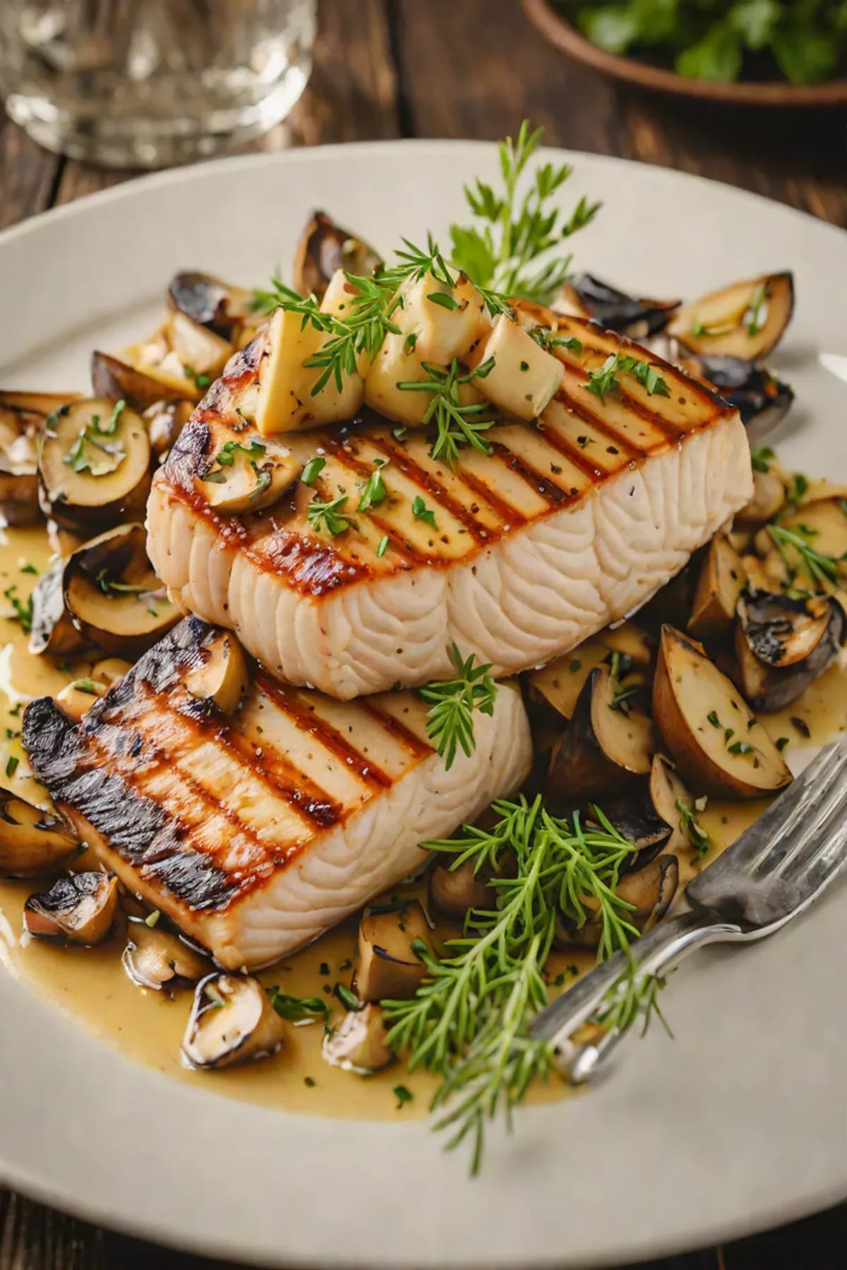 Grilled Swordfish with Mushroom and Garlic Butter Sauce