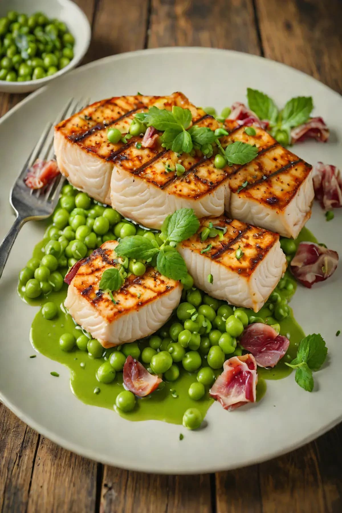 Grilled Swordfish with Pea and Mint Sauce