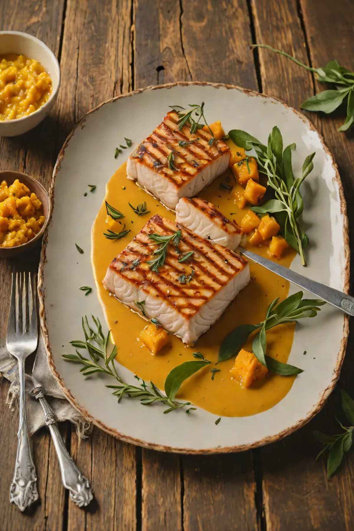 Grilled Swordfish with Pumpkin Puree and Sage Brown Butter