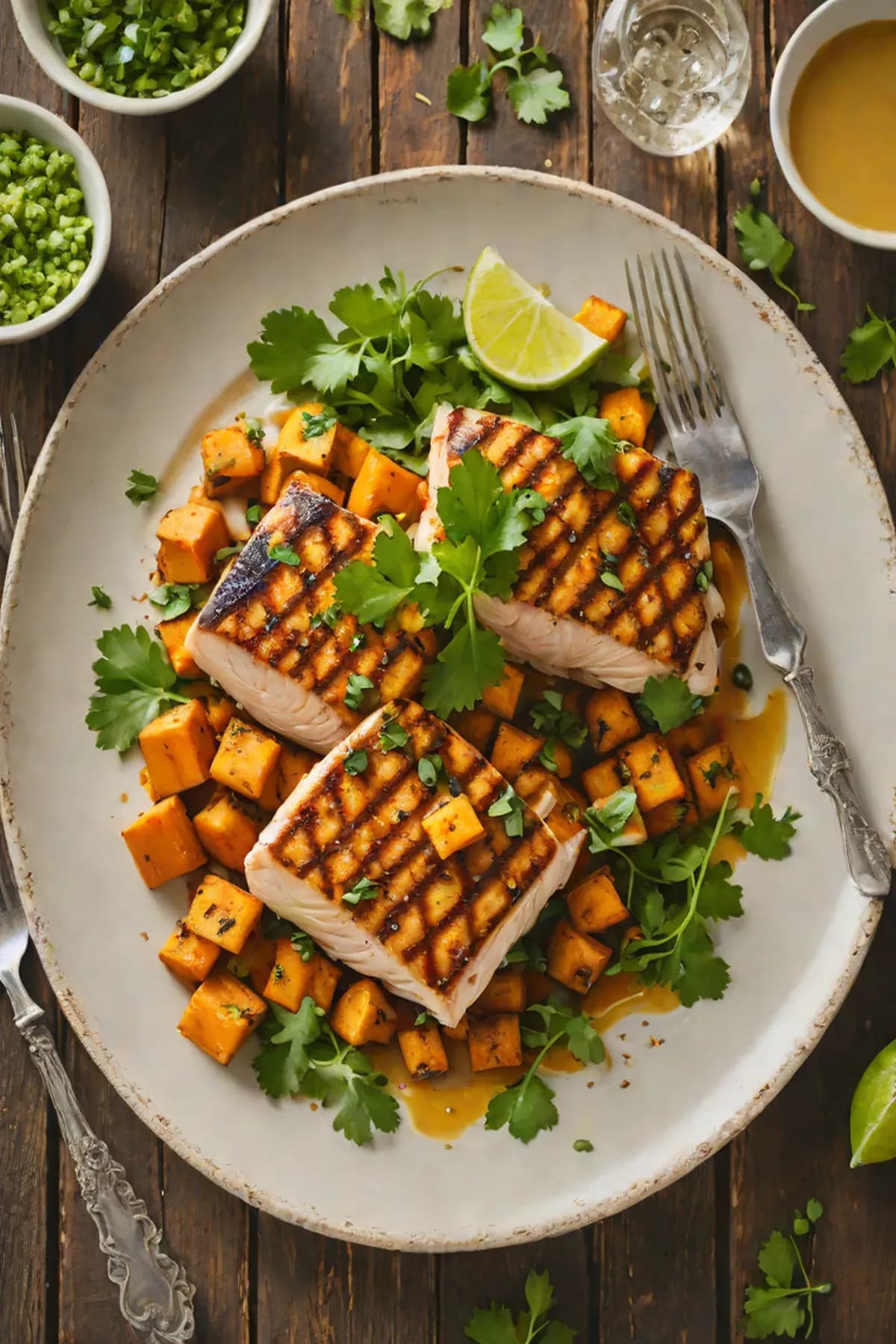 Grilled Swordfish with Sweet Potato and Cilantro-Lime Glaze