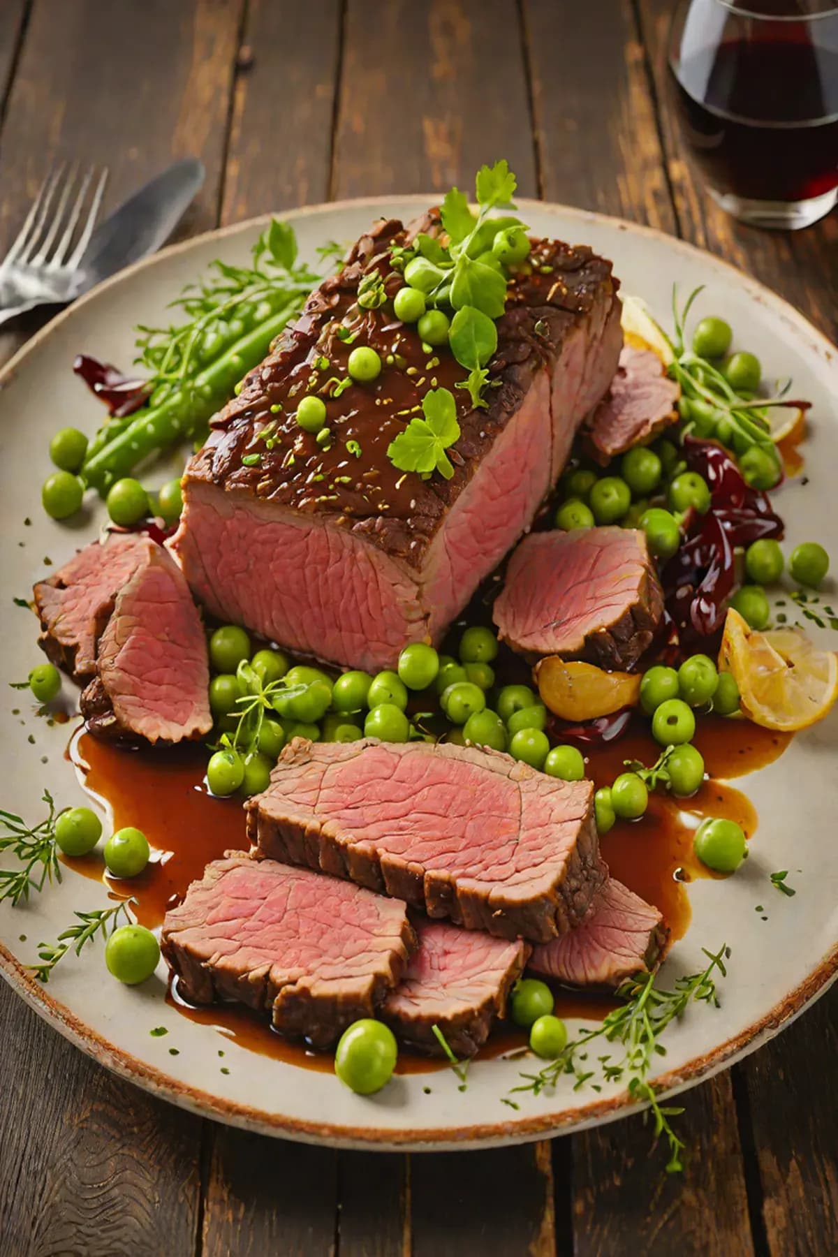 Roasted Beef with Pea and Herb Reduction