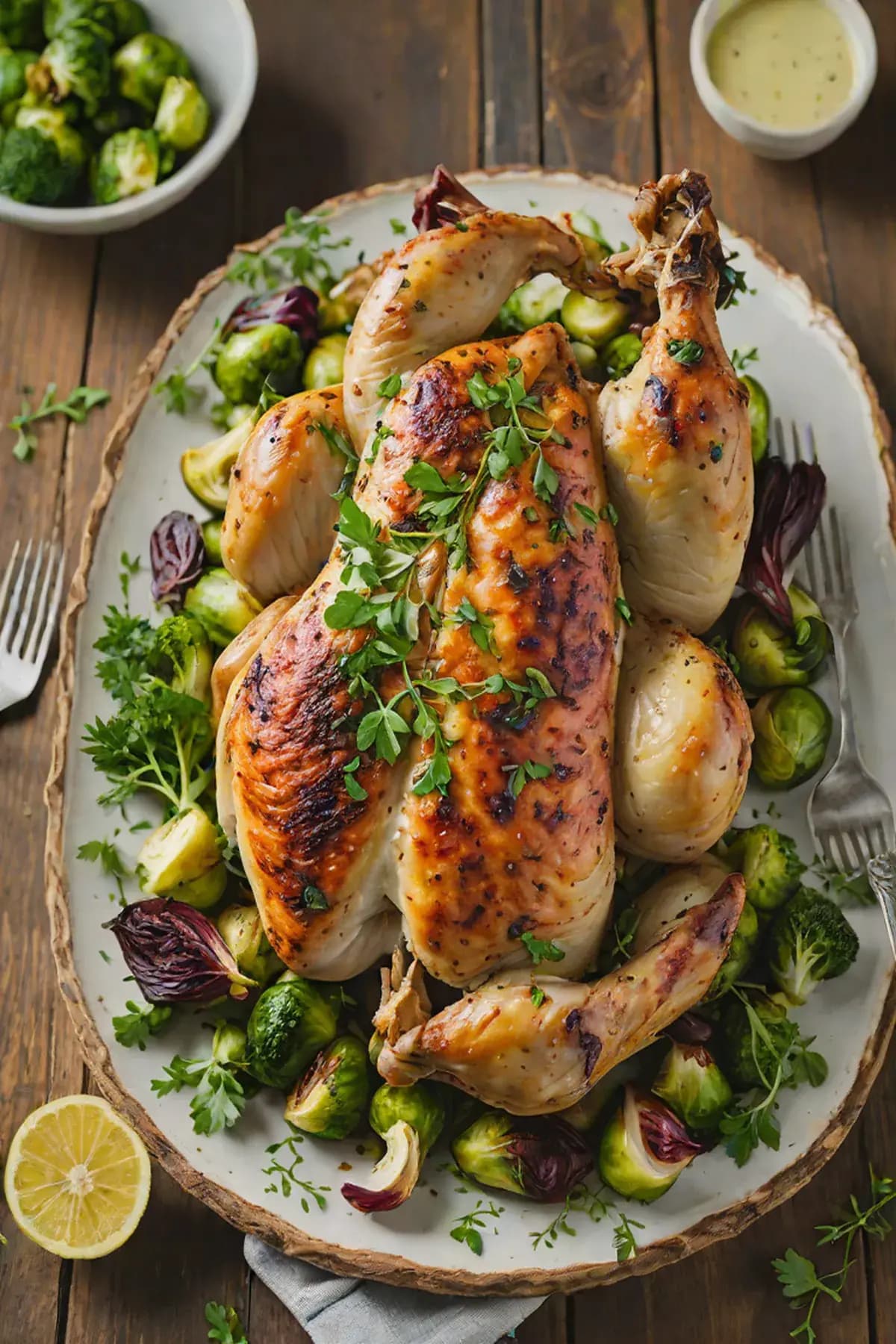 Roasted Chicken with Brussels Sprouts and Garlic Herb Butter