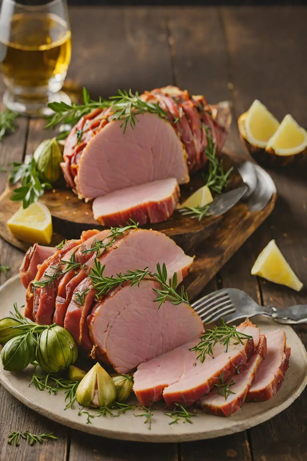 Roasted Ham with Artichoke Hearts and Herb Butter