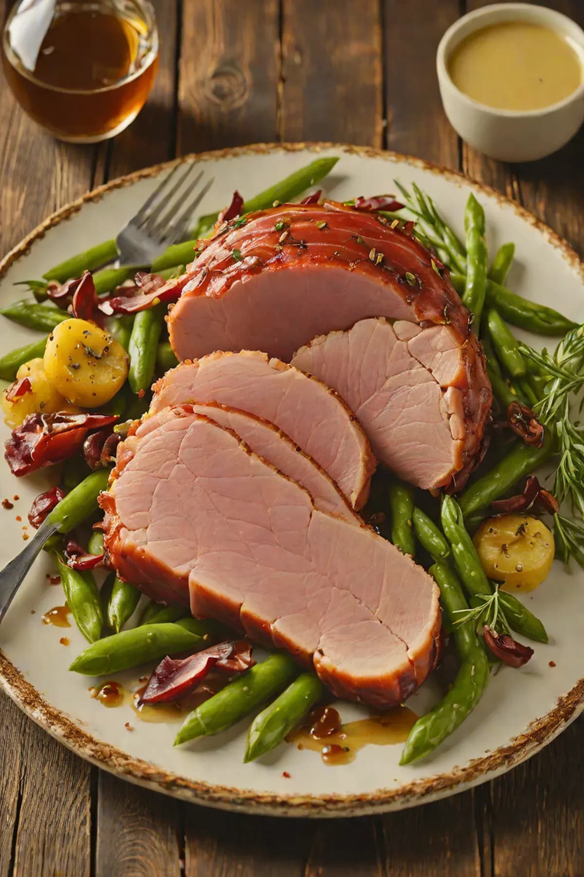 Roasted Ham with Green Bean and Maple-Dijon Glaze