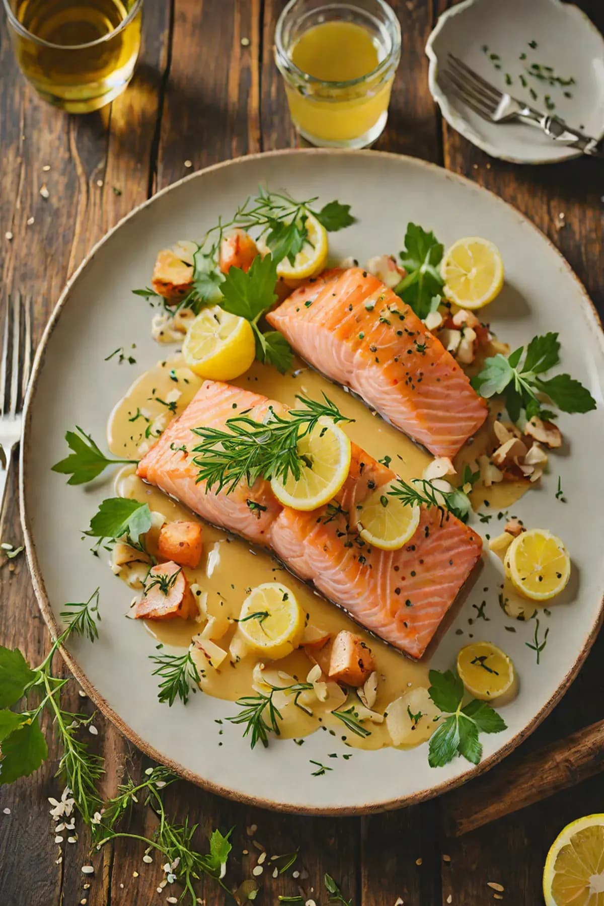 Roasted Salmon with Cassava Root Crisps and Herb Beurre Blanc