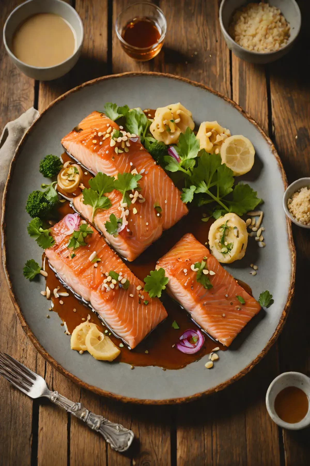 Roasted Salmon with Lotus Root and Miso Glaze