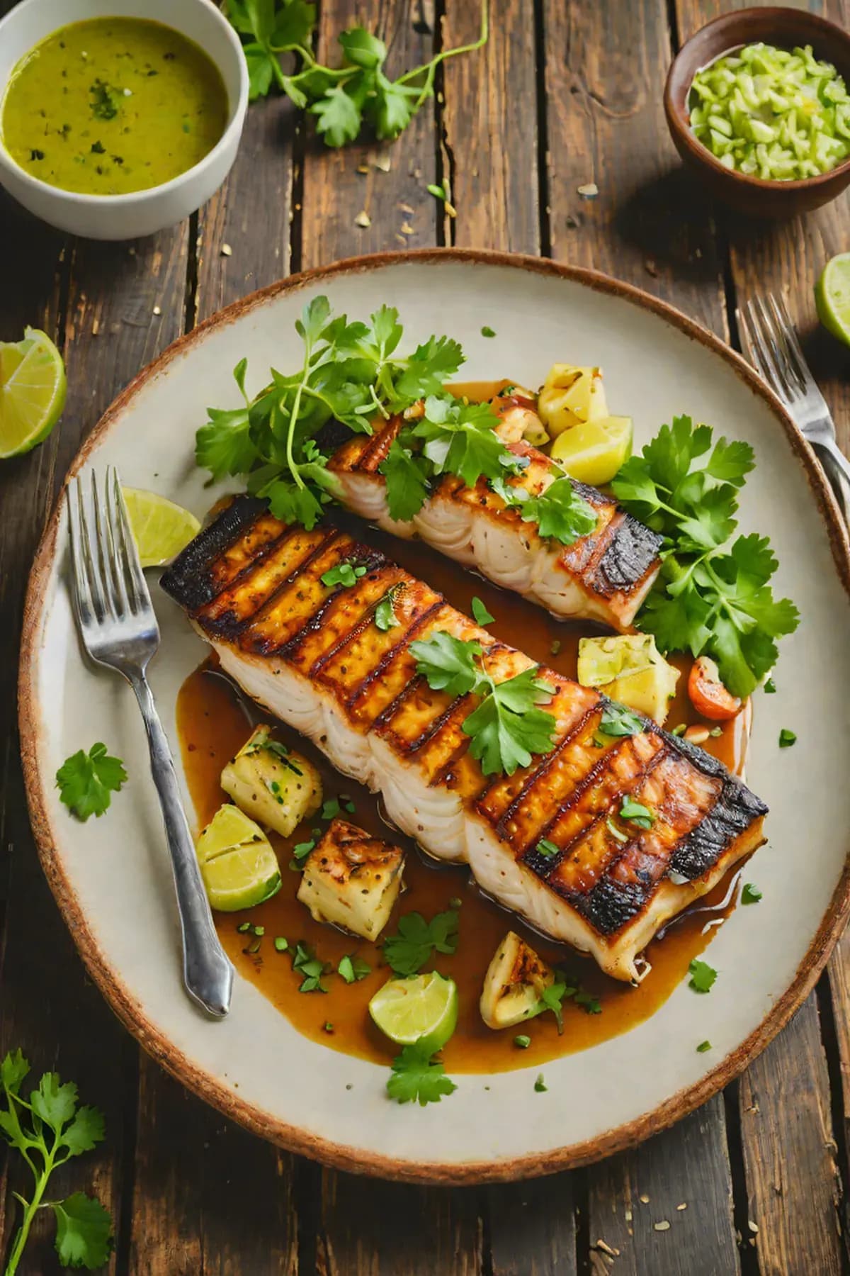 Grilled Sea Bass with Cassava Root Cakes and Cilantro-Lime Oil