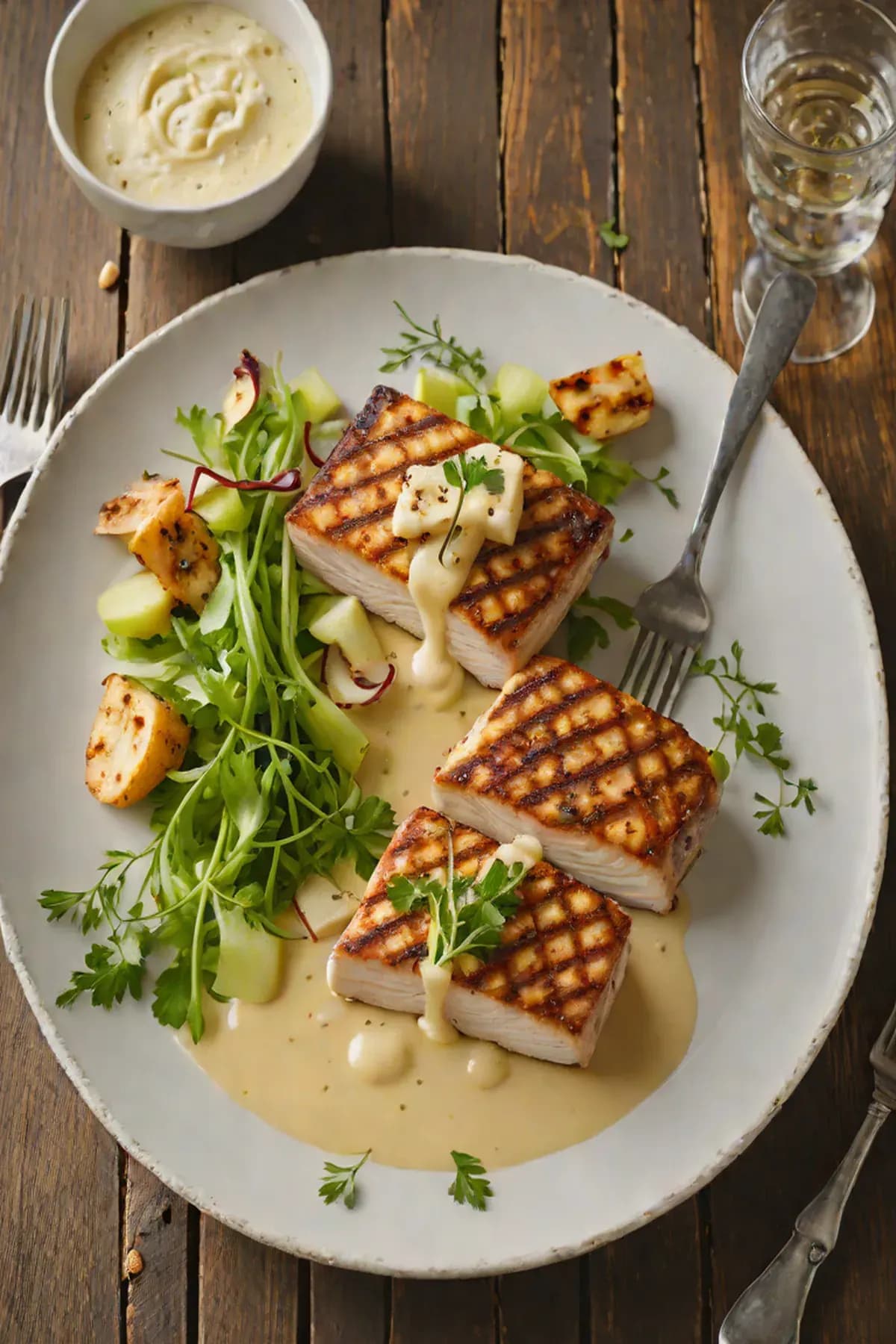 Grilled Swordfish with Celery Root Purée and Crispy Celery Salad