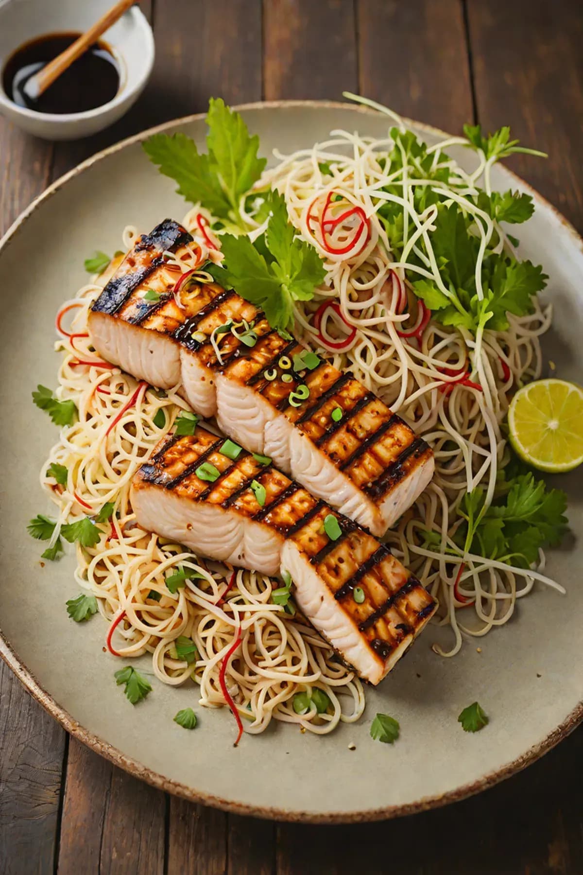 Grilled Swordfish with Crispy Bean Sprout Slaw and Ginger-Soy Glaze