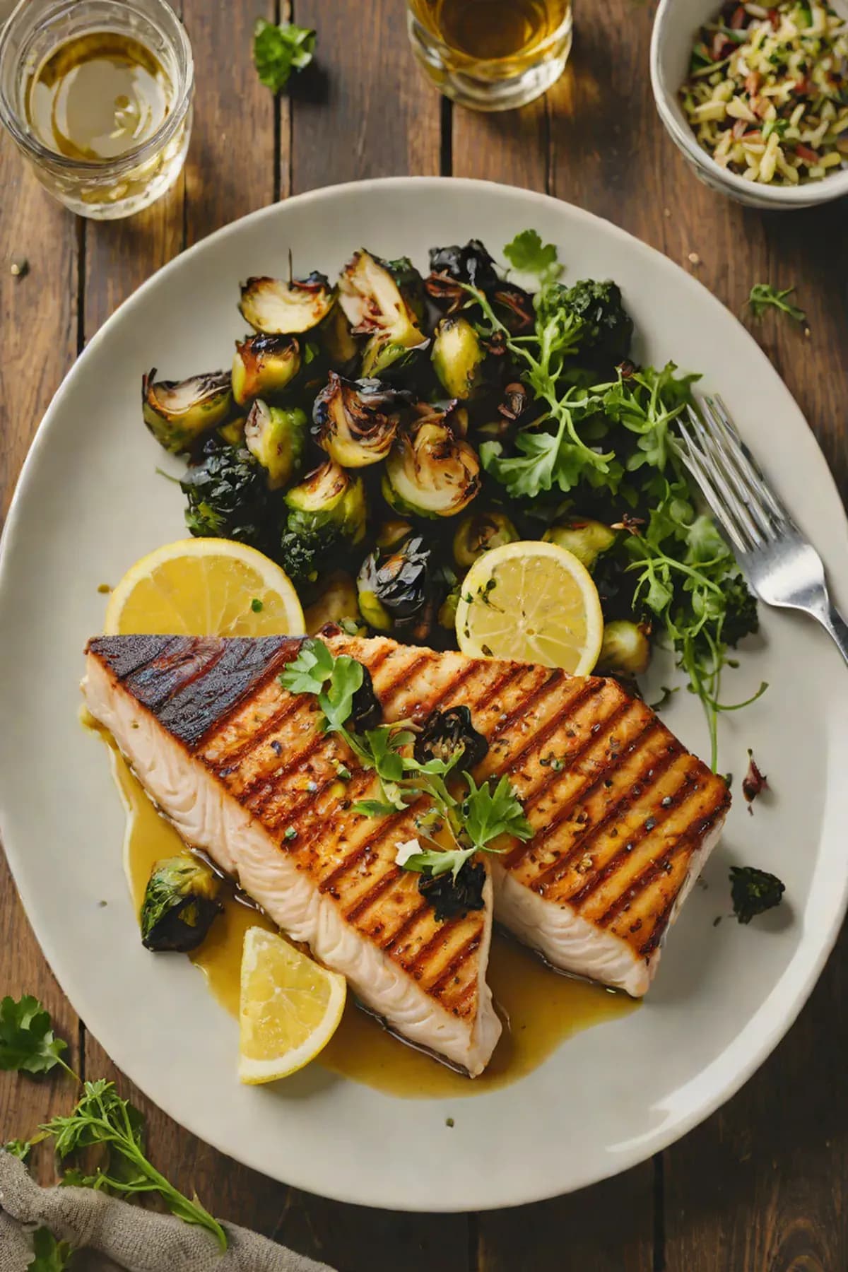 Grilled Swordfish with Crispy Brussels Sprouts and Lemon Butter