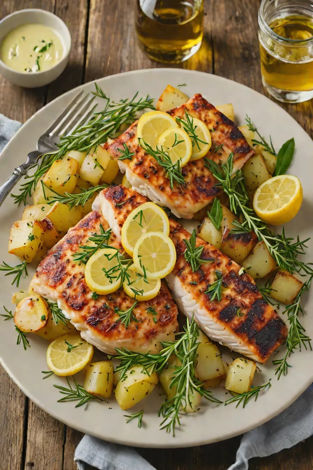 Grilled Tilapia with Crispy Herb Potatoes and Lemon Butter Sauce