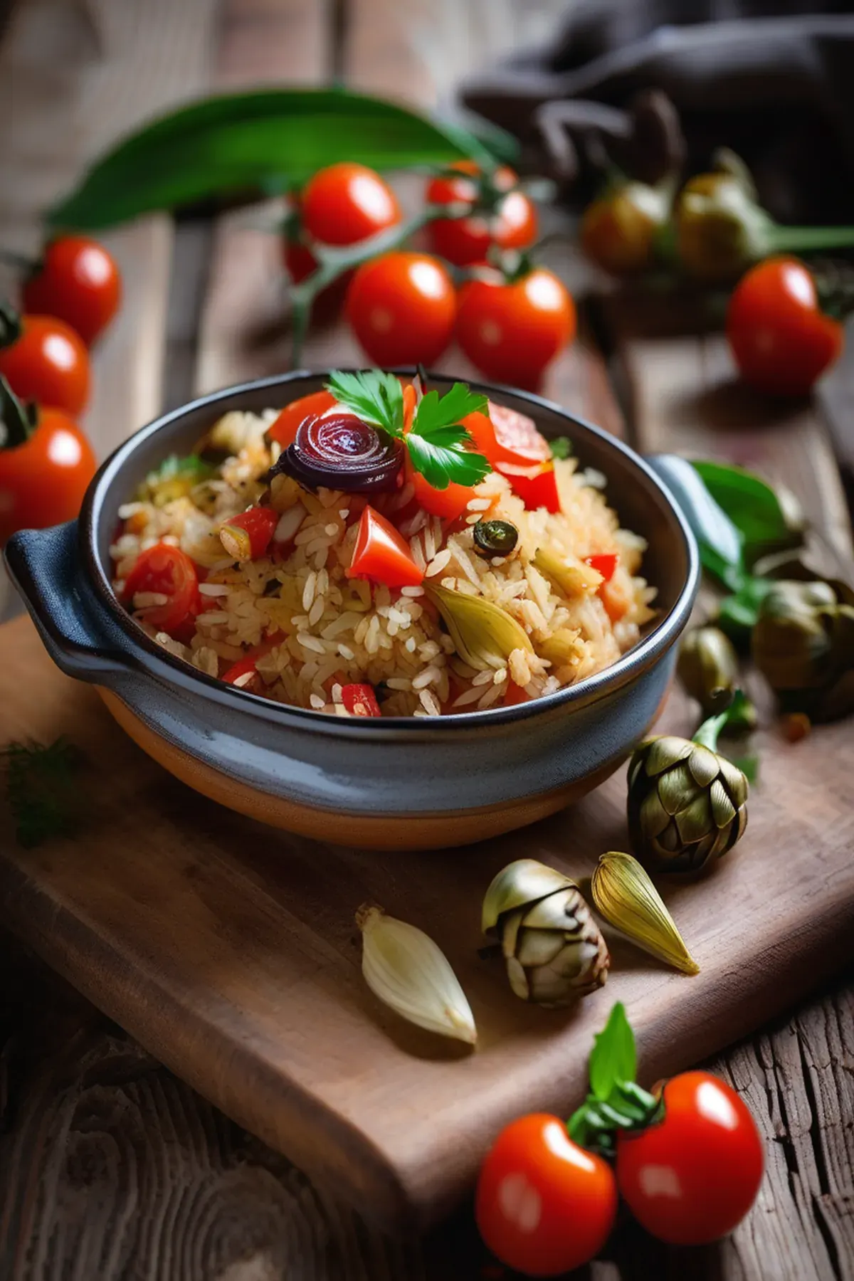 Baked rice with tomatoes & artichokes