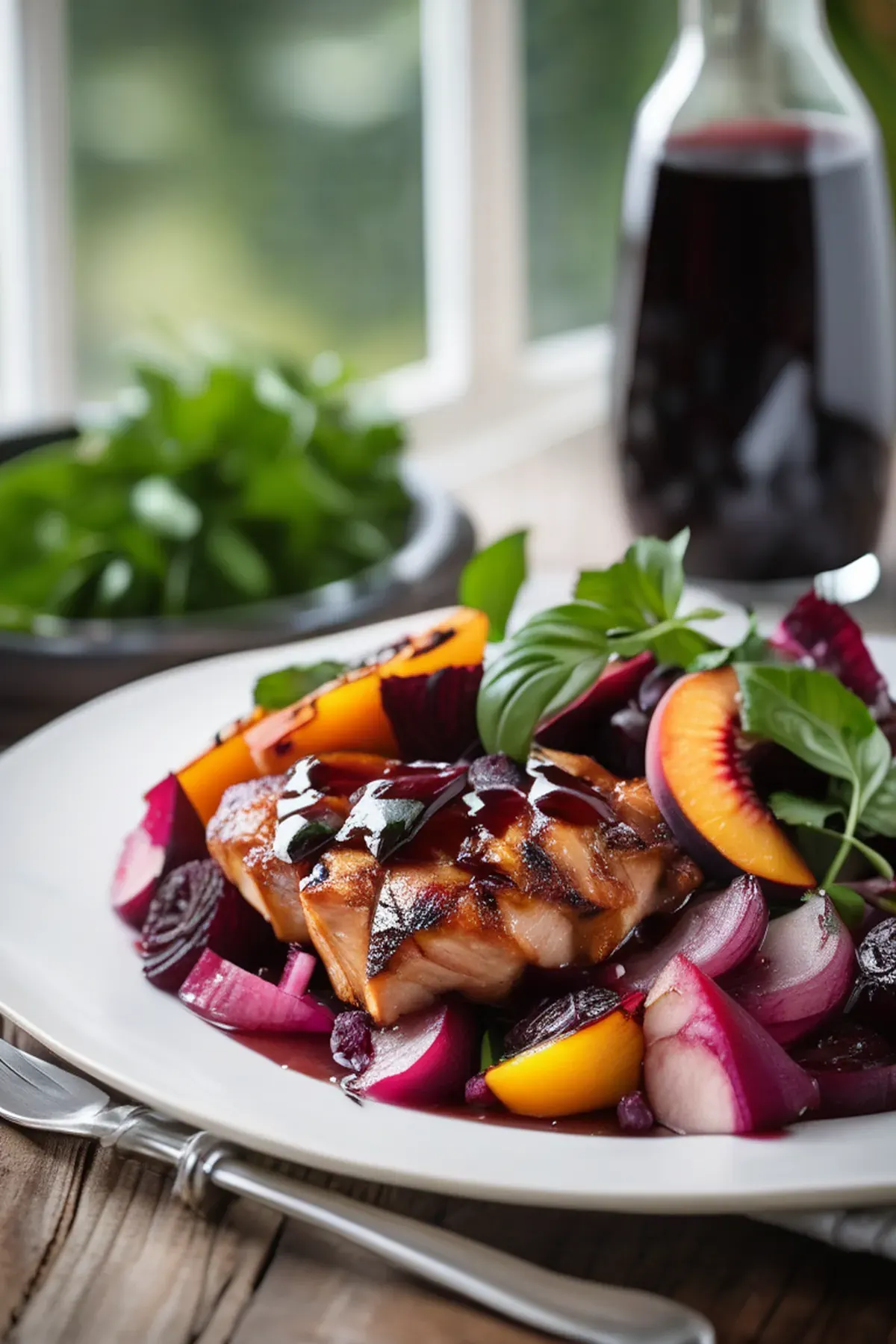 Balsamic glazed chicken and peach panzanella