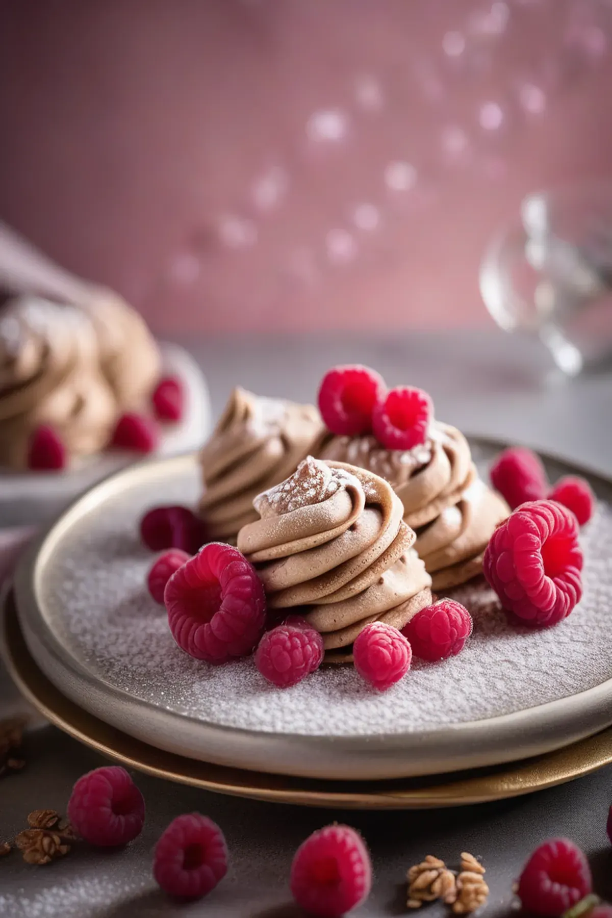 Brown sugar meringues with raspberries & spiced oats