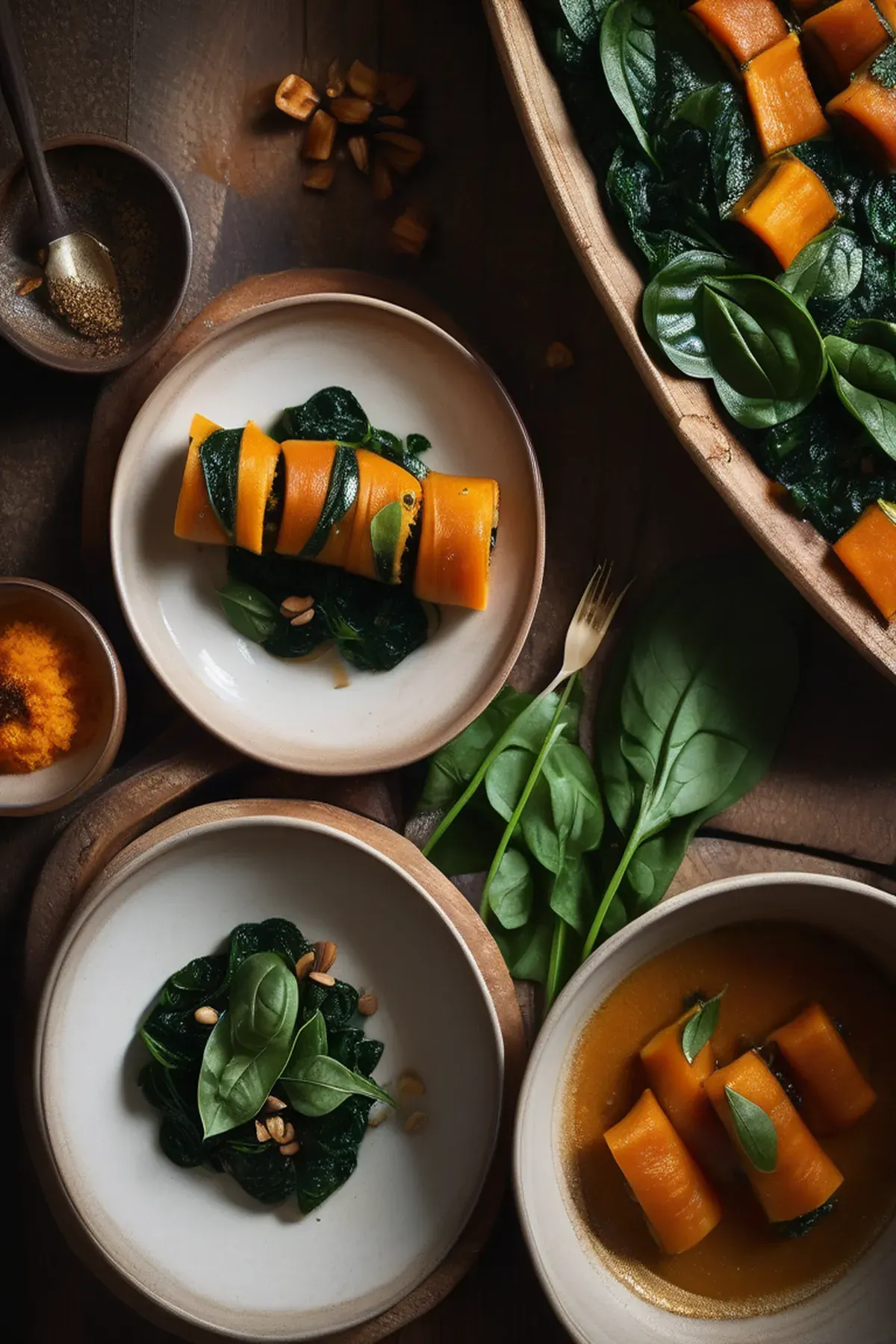 Caramelised butternut, spinach & cheese rotolo