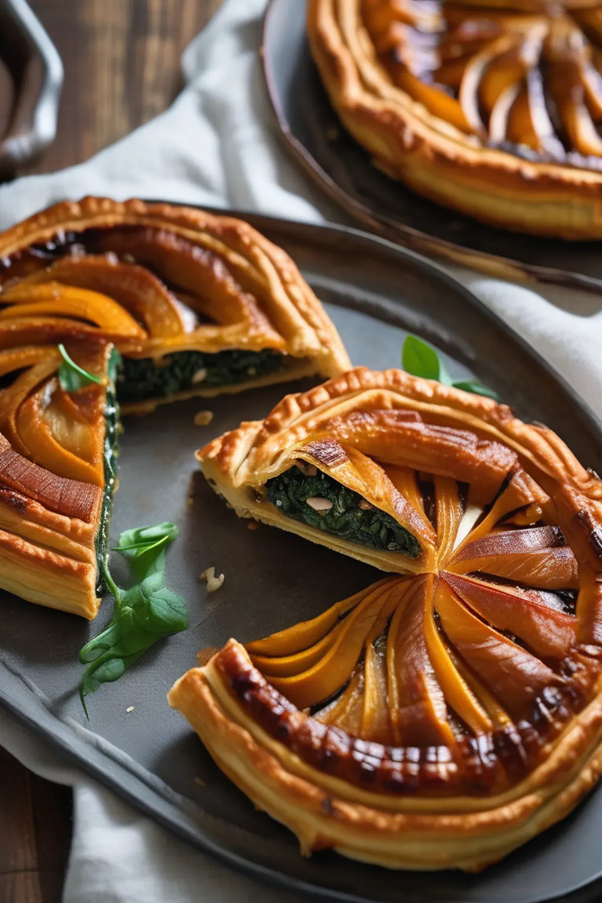 Caramelised onion, squash & spinach pithivier
