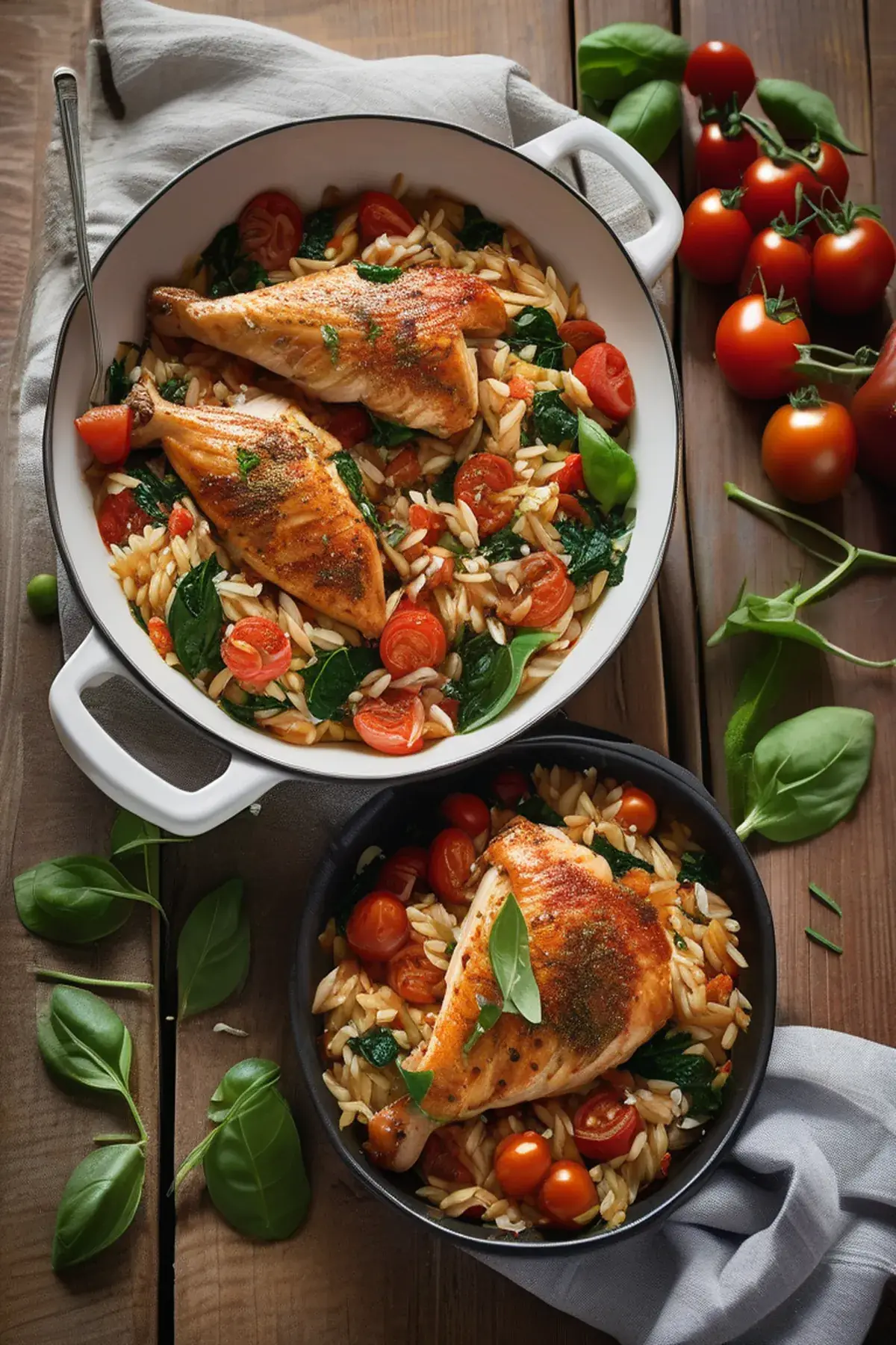 Chicken & tomato baked orzo with feta and spinach