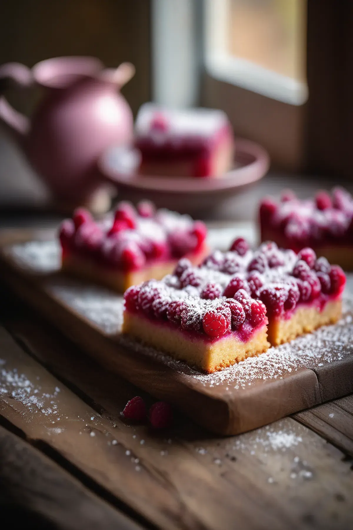 Coconut & raspberry traybake with pink custard