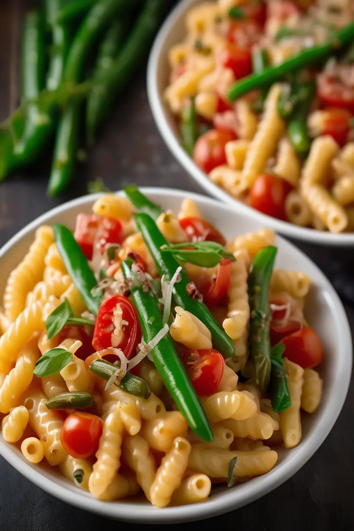 Crisp-topped mac ’n’ cheese with tomatoes & green beans