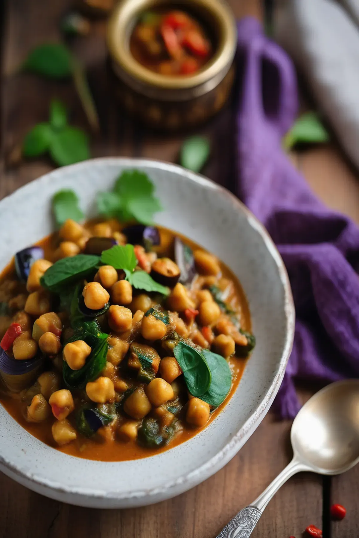Easy chick pea, aubergine and spinach curry