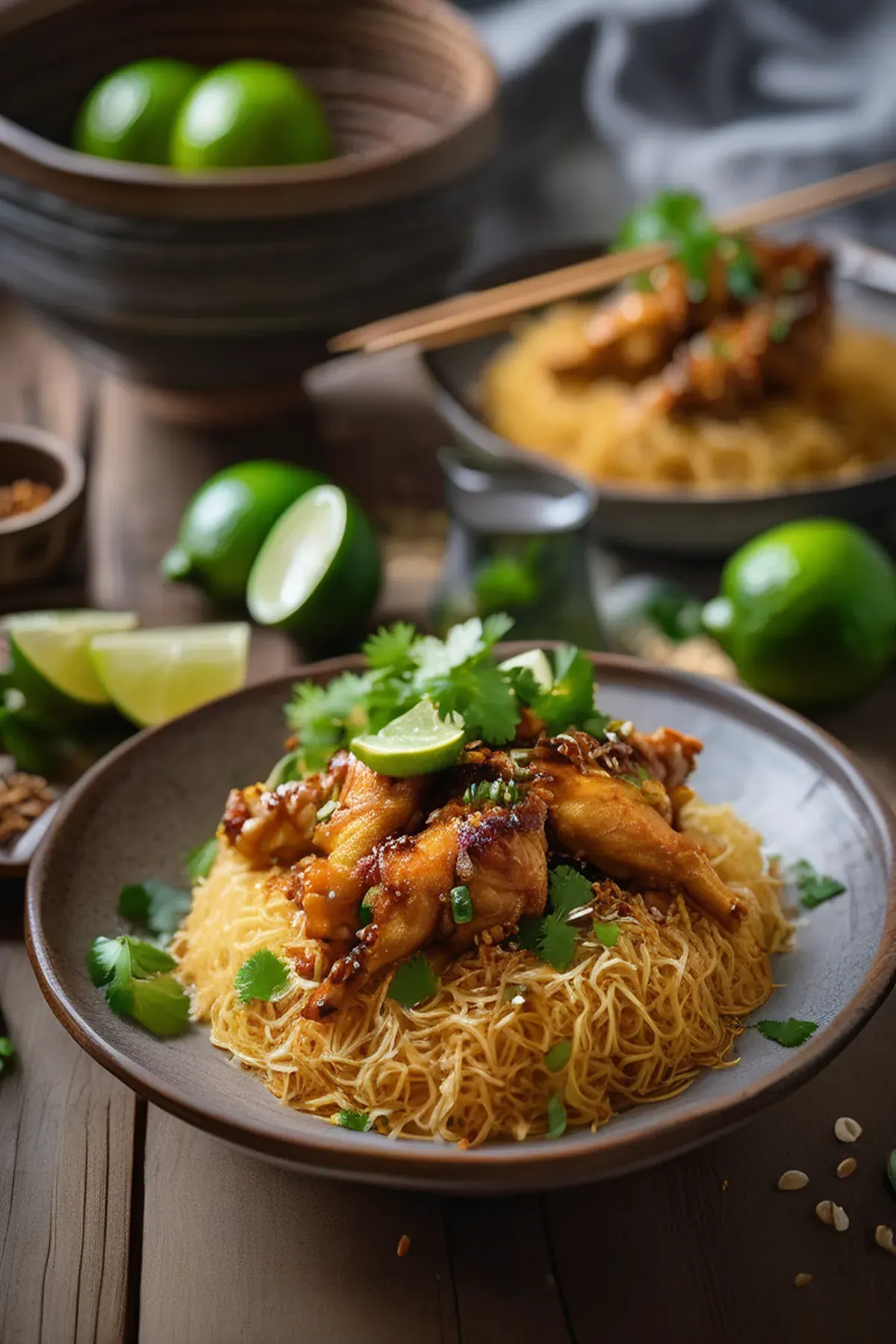 Golden chicken with rice noodles & crispy shallots