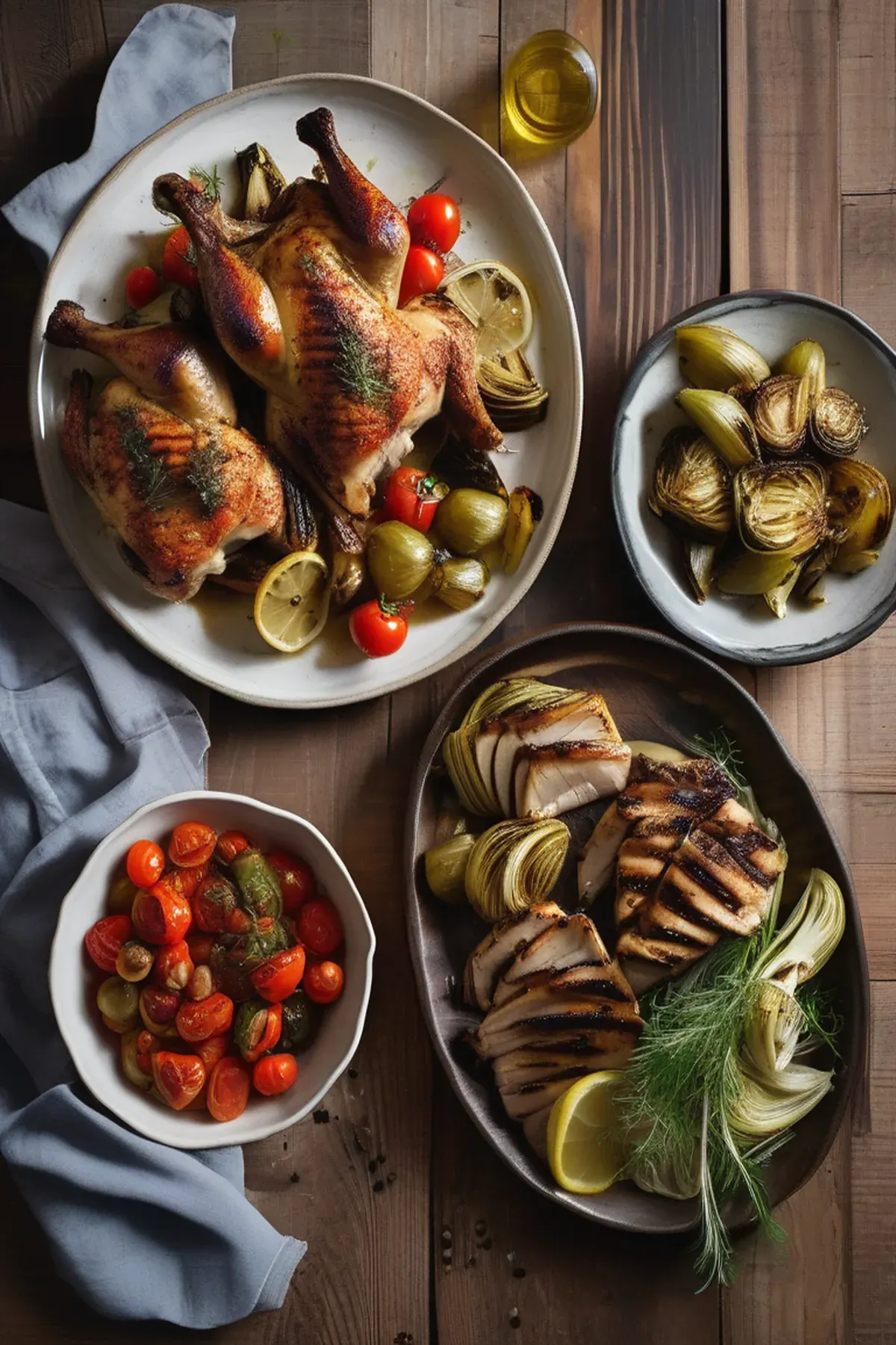 Griddled chicken with baked artichoke hearts, fennel & tomatoes 