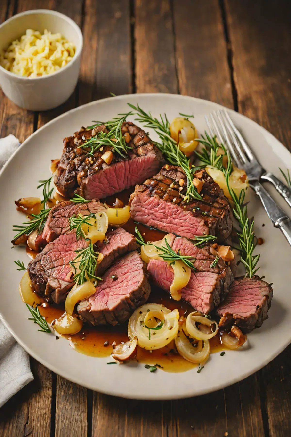 Grilled Beef with Caramelized Onion and Garlic Butter