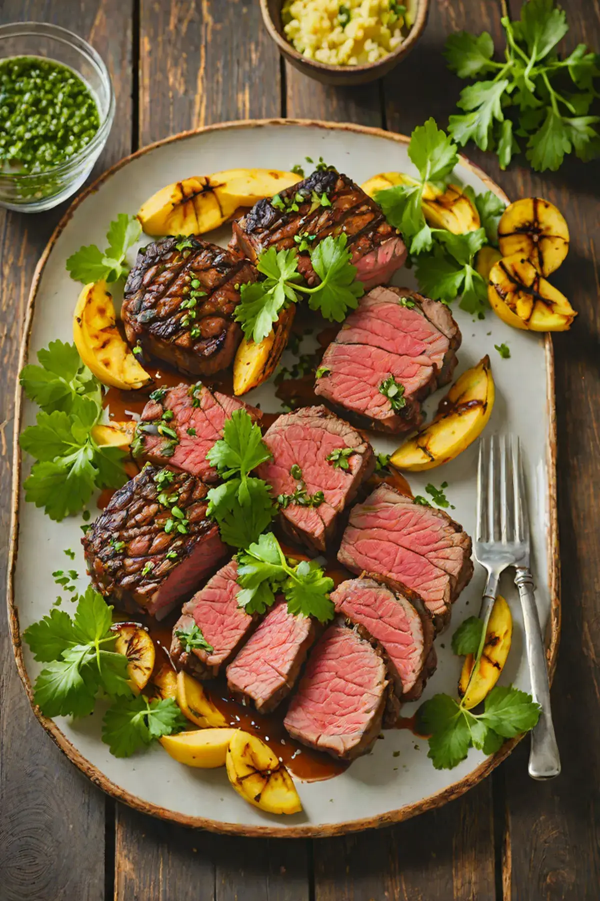 Grilled Beef with Plantain and Chimichurri Glaze