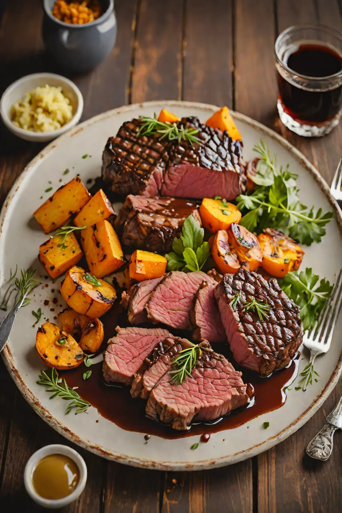 Grilled Beef with Sweet Potato and Charred Onion Glaze