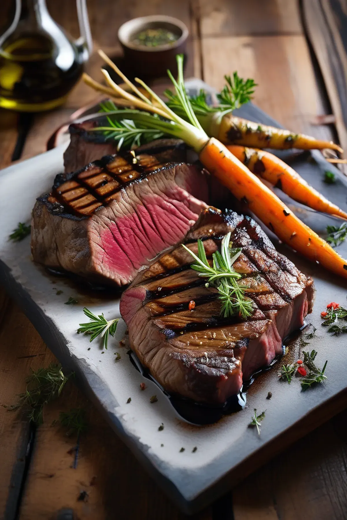 Grilled Bison Steaks with Charred Rainbow Carrots
